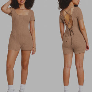 Ribbed Romper Corset Back Camel Brown Womens S Boho Retro Vibe One Piece NEW
